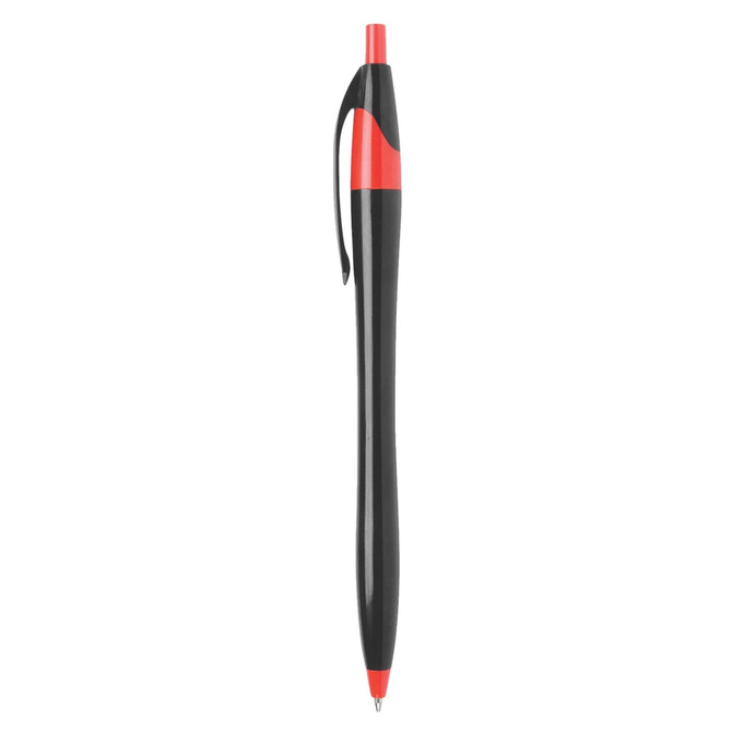 A black plastic pen with red accents, featuring a clip and a sleek design, includes a logo on its body.