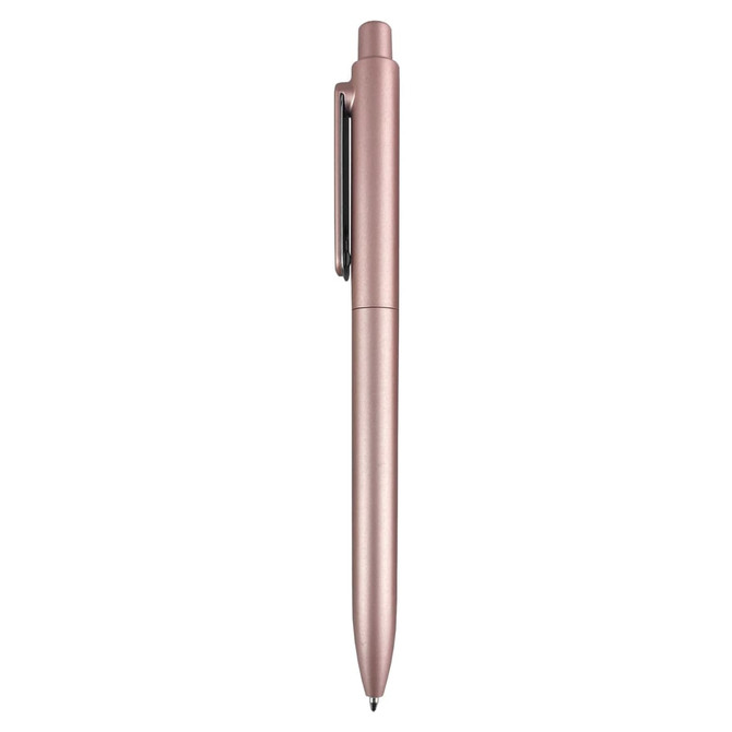 A plastic pen in rose gold, featuring a sleek design and a clip for easy attaching. It has a logo on the barrel.