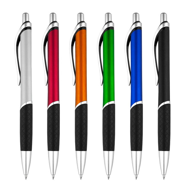 A collection of six plastic pens in silver, red, orange, green, blue, and black, featuring rubber grips and metal accents.