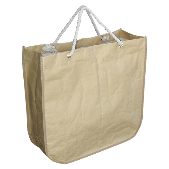 A large, beige paper bag with round corners and white rope handles. Features an internal logo.