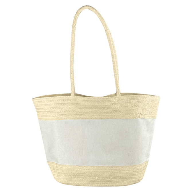 A cream and beige patterned tote bag features a woven design and two long handles. It includes a branding logo.