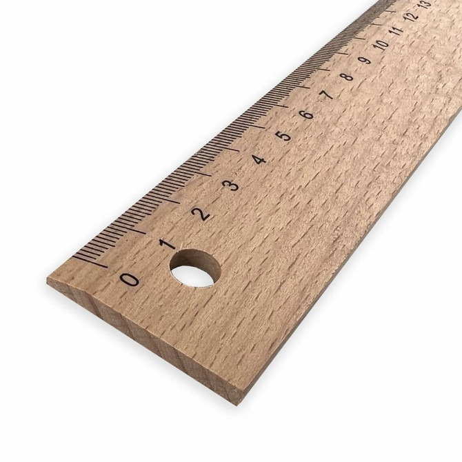 A wooden 20cm ruler with measurement markings in black and a hole for hanging, featuring a light wood finish.