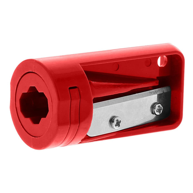 A red carpenter pencil sharpener with a metal blade, designed for sharpening carpenter pencils.