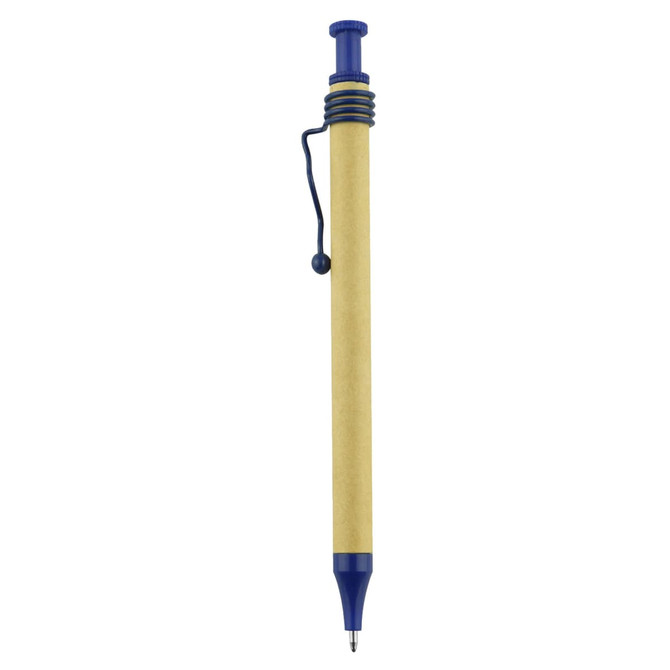 A recycled cardboard pen featuring a blue clip and accents, with a simple design. It has a logo on the barrel.