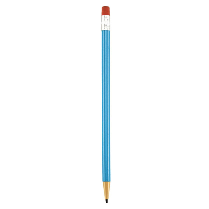 A round mechanical pencil with a blue body, red eraser, and black lead tip, featuring a logo on the barrel.