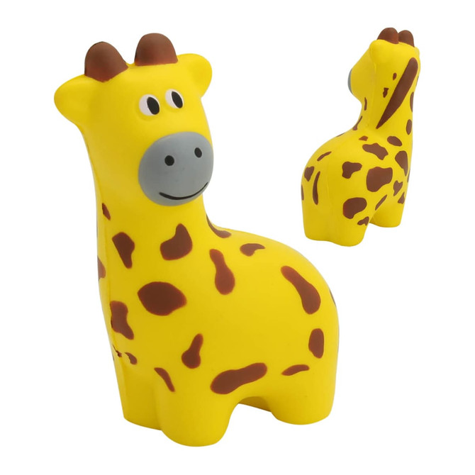A yellow stress giraffe toy with brown spots and a smiling face, featuring a simplistic design. It has a logo.