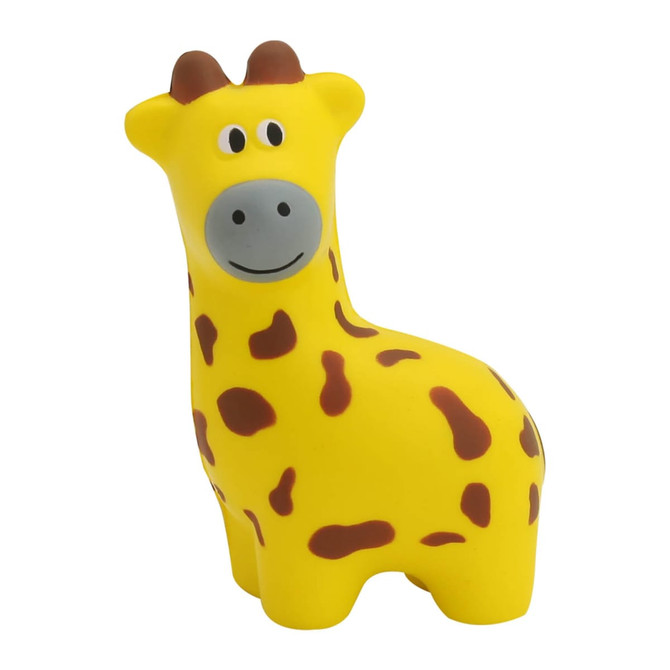 A cheerful yellow giraffe stress toy with brown spots and a smiling face, featuring a simple design and a logo.