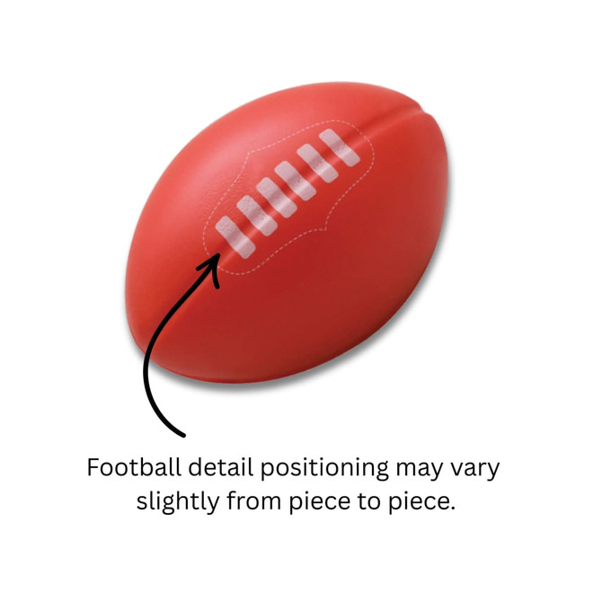 A red stress ball in the shape of an Australian football with stitching details. It features a branding logo.