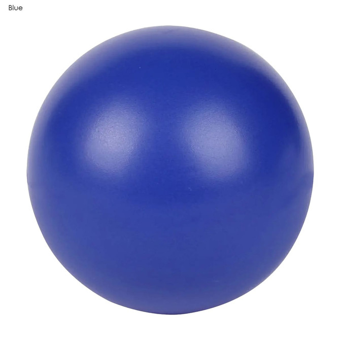 A blue stress ball with a smooth surface. It has a logo on it but is otherwise plain.