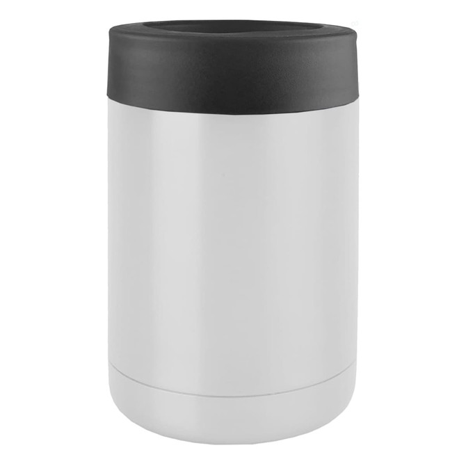 A stainless steel stubby holder in silver with a black top. It features a logo.