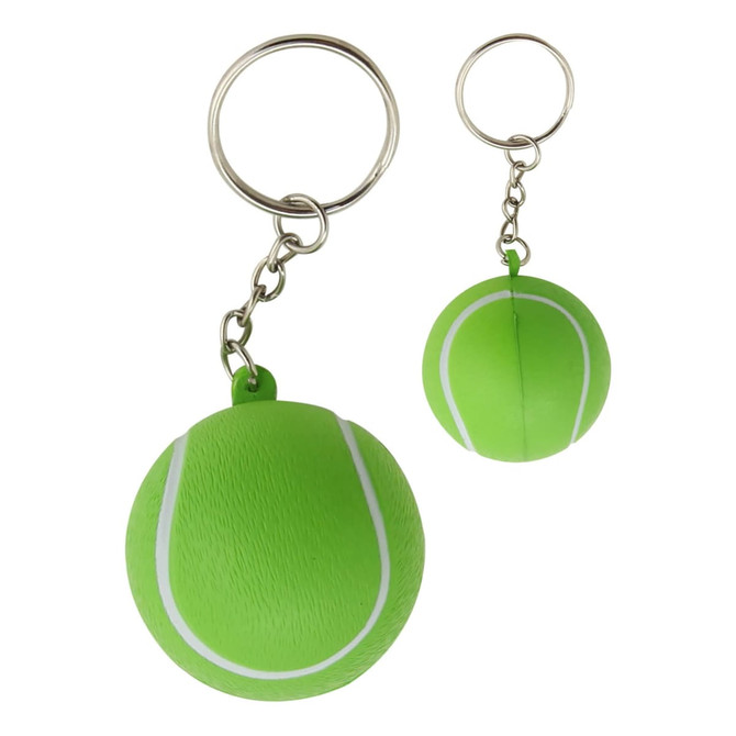 A green tennis ball key ring featuring a textured surface and white markings, attached to a metal keyring.