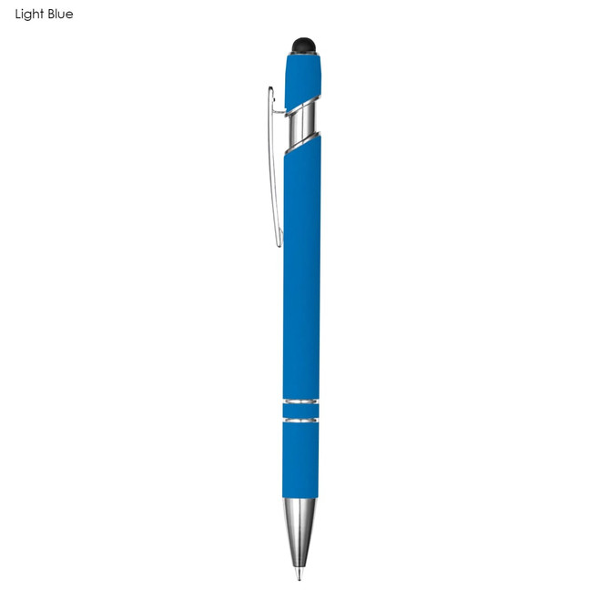 A light blue stylus pen with a silver clip and tip. It features a smooth, modern design and has a logo.