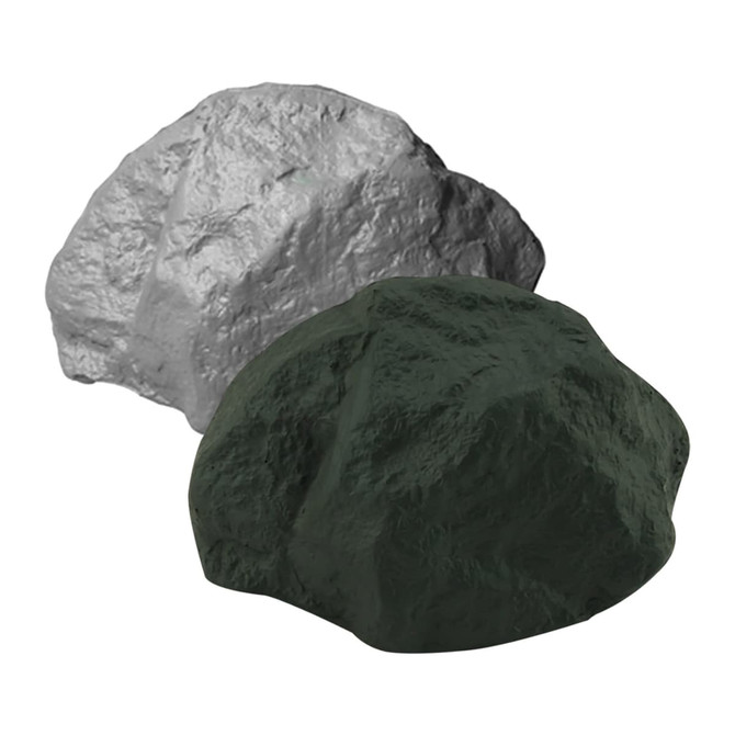 A grey and a dark green stress rock, both with a textured surface, are positioned together. The image features a logo.
