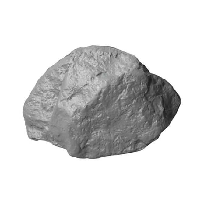 A grey stress rock with a textured surface, resembling a natural rock formation. It has a branding logo.