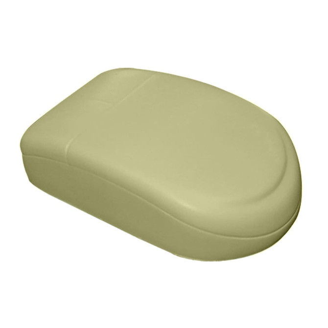 A grey stress computer mouse with a smooth, rounded design, featuring a branding logo.
