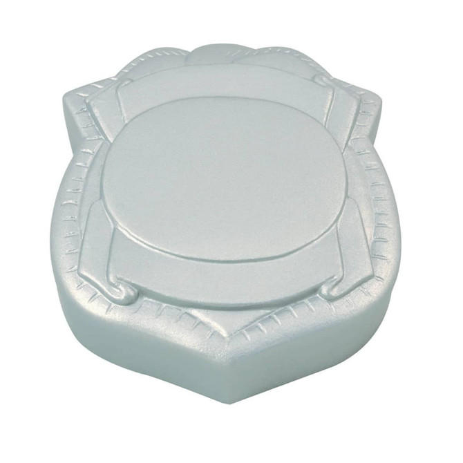 A light blue stress badge in a shield shape, featuring a smooth, rounded surface and a textured border.