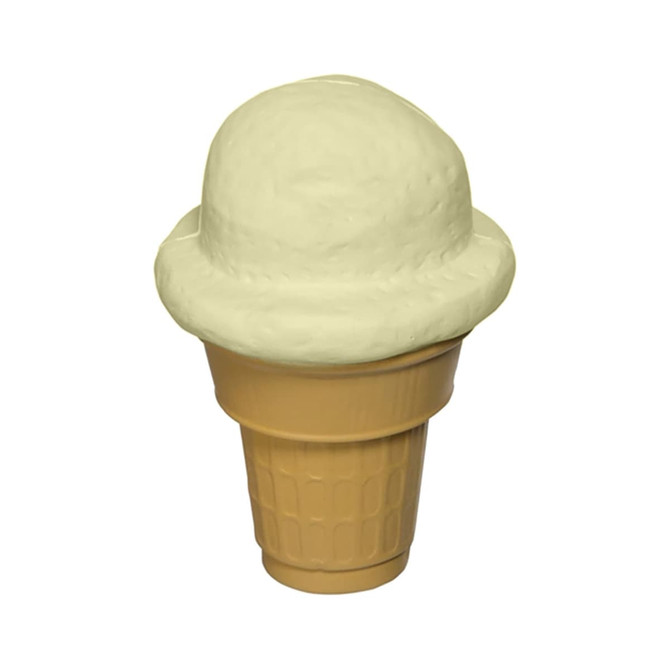 A stress toy shaped like a scoop of ice cream in light green atop a beige cone. It features a small logo.