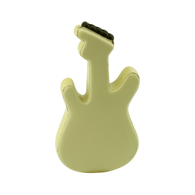 A yellow stress guitar shaped like an electric guitar with a textured neck for gripping. Contains a logo.