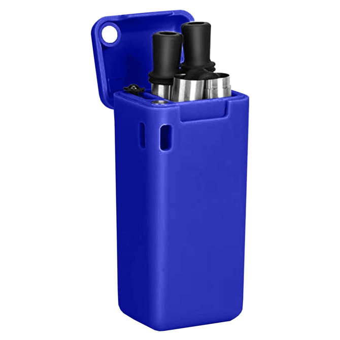 A blue foldable metal straw stored in a compact case, featuring two black straw ends and a logo.