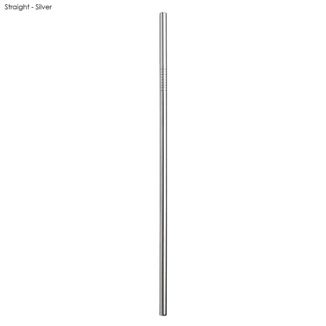 A stainless steel drinking straw in silver, measuring 6mm x 266mm, with a simple design and branding.