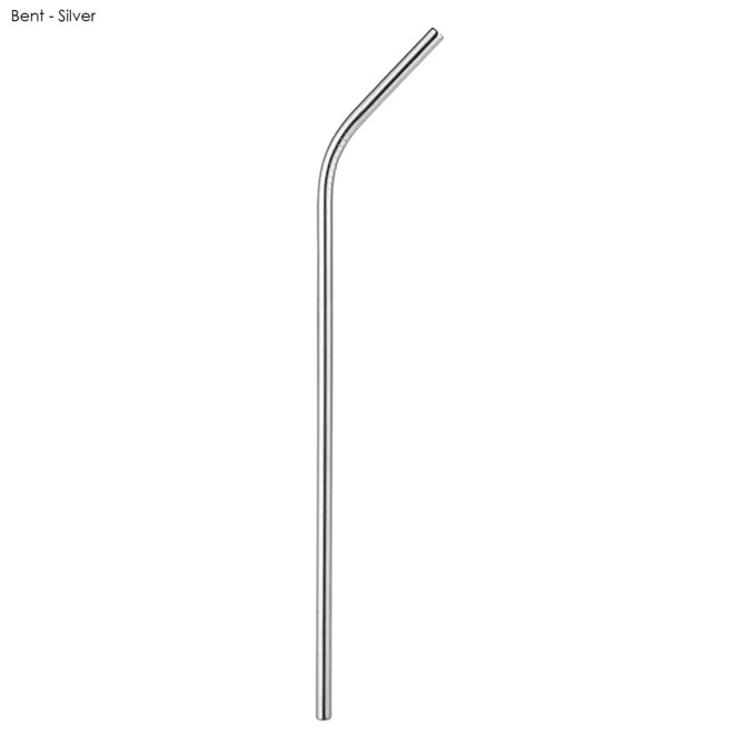A stainless steel drinking straw in silver, featuring a bent design, with a logo visible.
