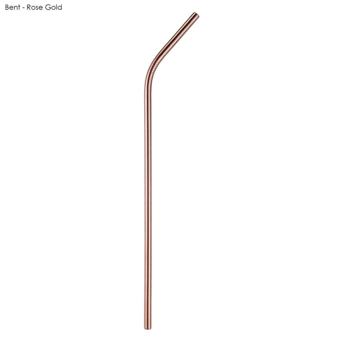 A rose gold stainless steel bent straw, measuring 6mm x 215mm, with a simple design and branding.