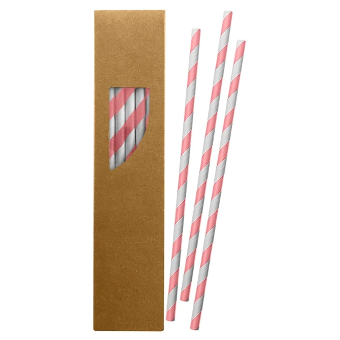 A box containing pink and white striped paper straws, with three straws visible through a window in the packaging.