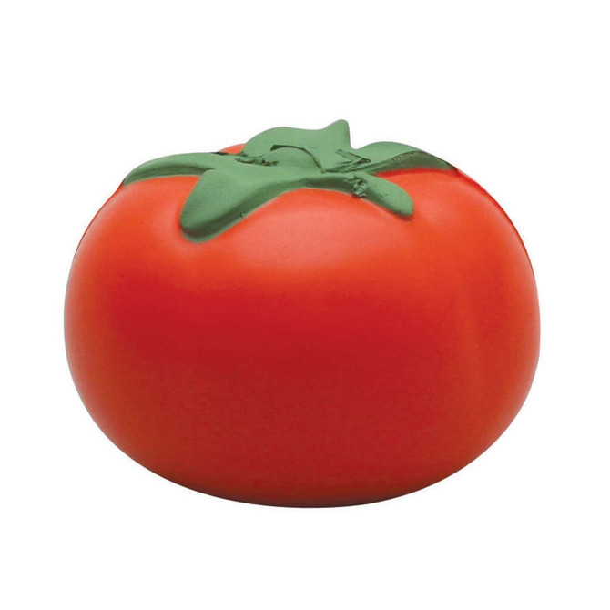 A red stress relief toy shaped like a tomato, featuring a green leafy top. It has a smooth, soft texture.