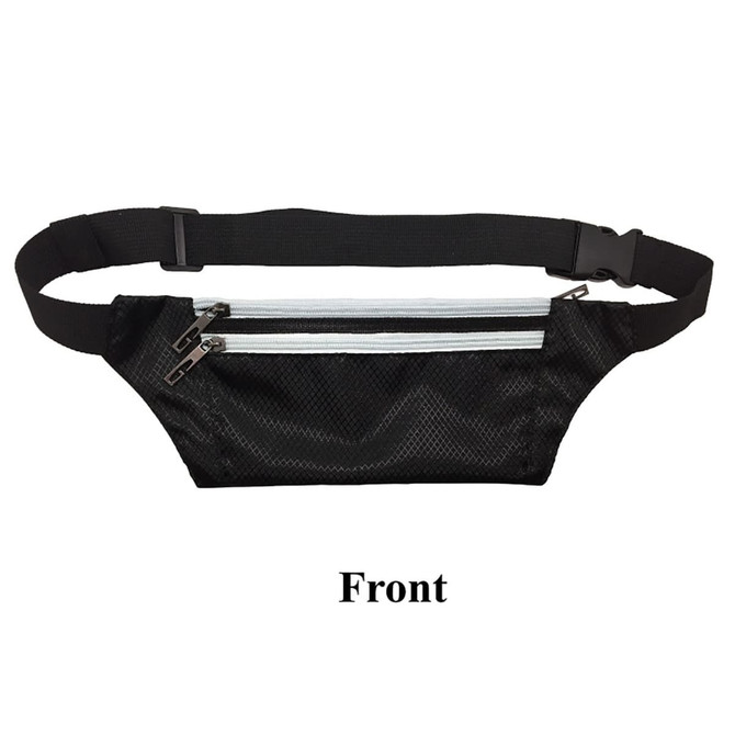 A black waist fitness belt with two zippered pockets and an adjustable strap. It features a mesh design.