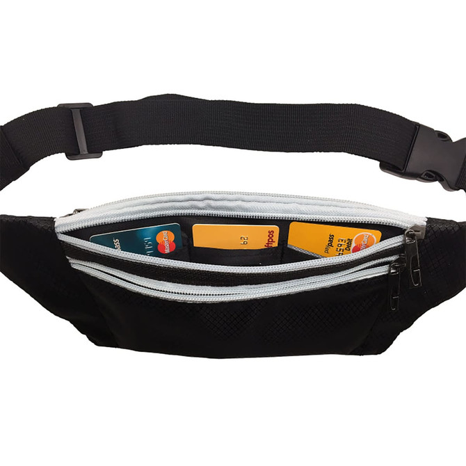 A black waist fitness belt featuring multiple zippered pockets, with cards visible inside. It has an adjustable strap.