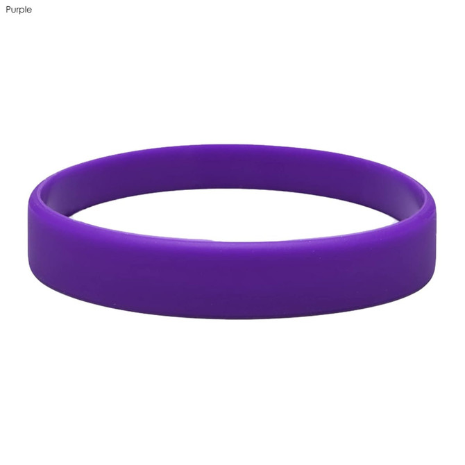 A purple silicone wristband with a smooth finish, featuring a branding logo.