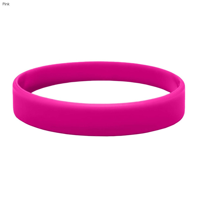 A pink silicone wristband with a smooth, circular design and a branding logo.