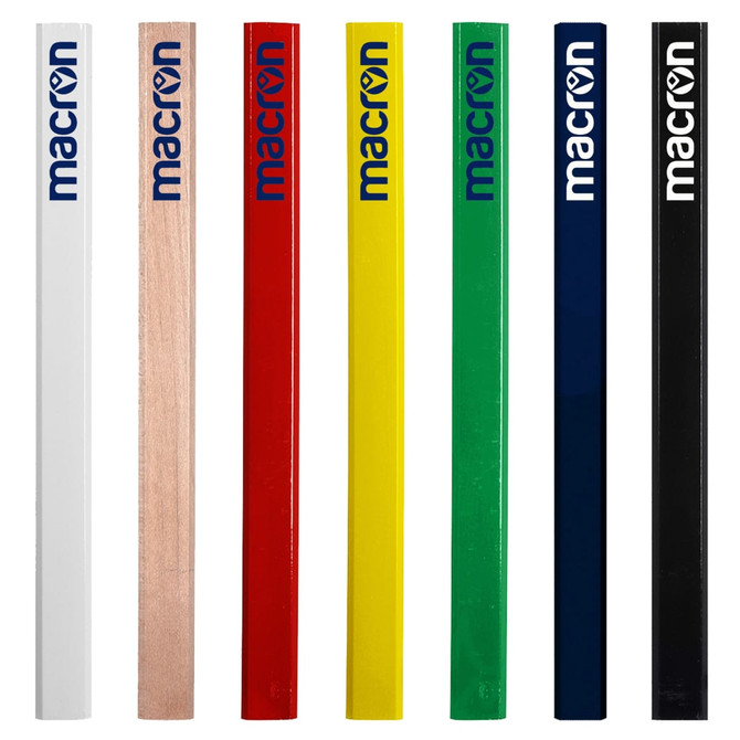 A collection of carpenter pencils in white, natural wood, red, yellow, green, navy, and black, featuring logos.