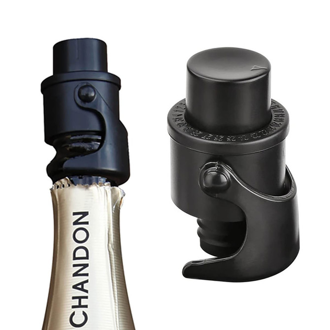 A black champagne stopper designed to fit over a bottle neck, featuring a secure closure mechanism.