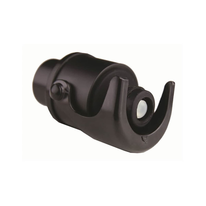A black champagne stopper with a sleek design, featuring a curved handle and a secure seal mechanism.