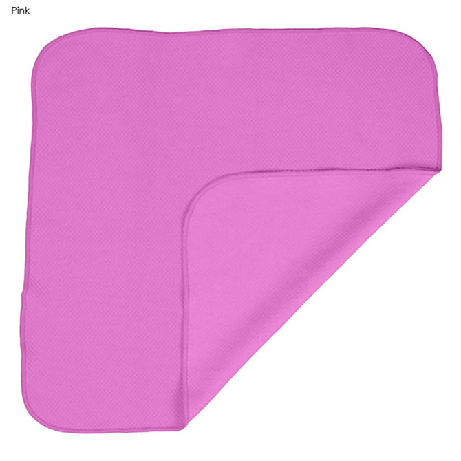 A pink cooling face cloth with a textured surface, folded at one corner, featuring a logo.