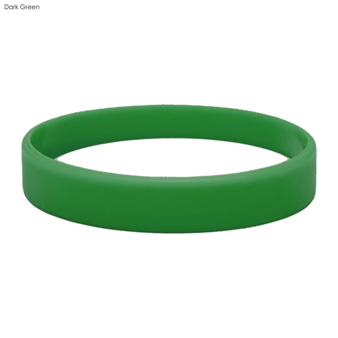 A dark green silicone wristband with a smooth, embossed surface and a circular design.