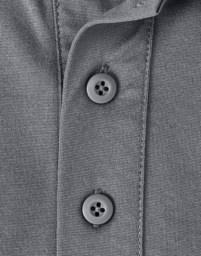 Close-up of a grey sustainable poly/cotton polo shirt featuring two buttons and a textured fabric.