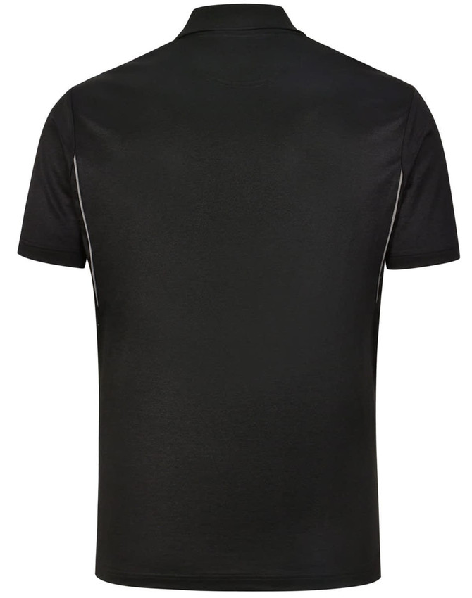 A black men's polo shirt featuring a sustainable poly/cotton blend with contrasting trim and a logo.