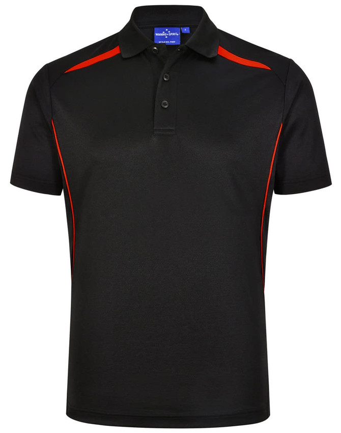 A black polo shirt with red contrast detailing and a branded logo, featuring a classic collar and three-button placket.