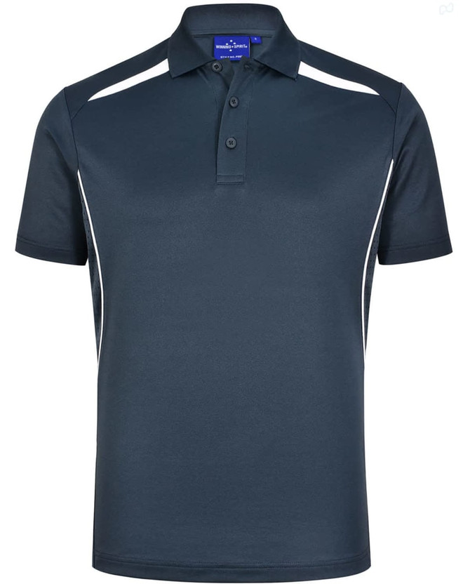 Men's sustainable poly/cotton polo shirt in navy with contrasting white panels. Features a collar and three-button placket.
