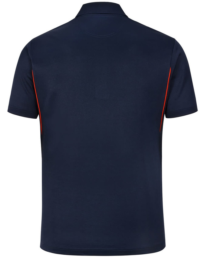 A navy polo shirt with short sleeves and contrast detailing in red. It features a logo on the left side.