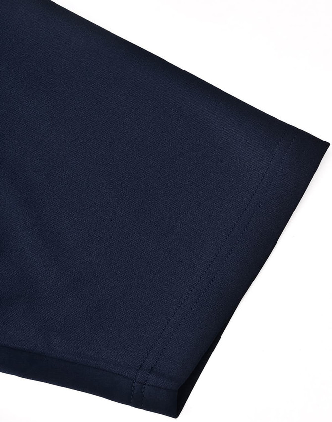 A navy men's sustainable poly/cotton polo shirt featuring a short sleeve design and a logo.