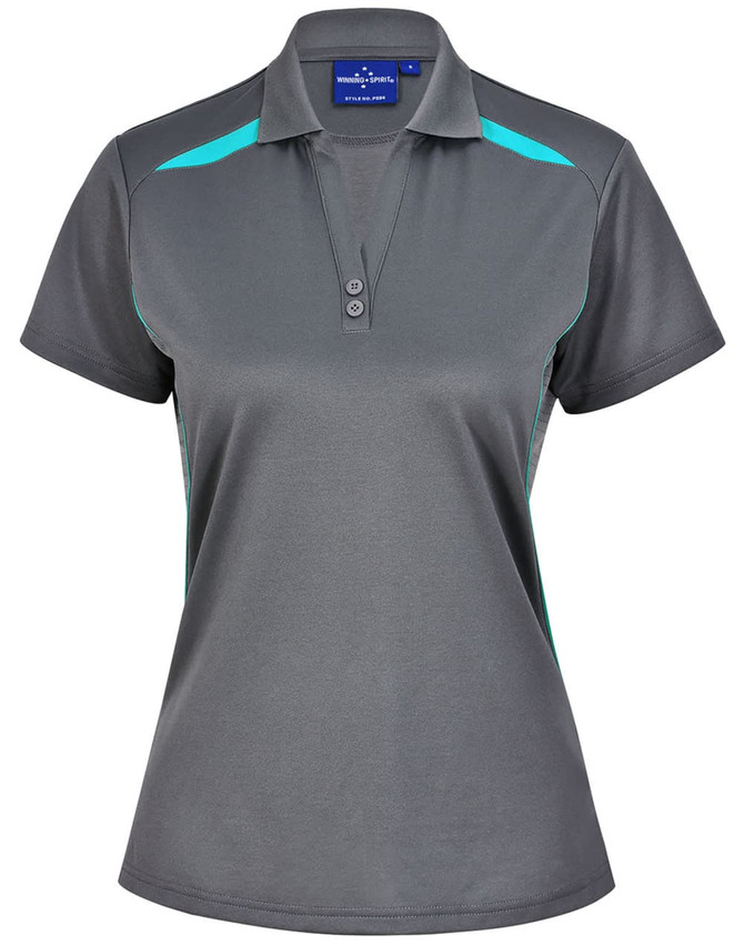 A women's short-sleeved polo shirt in grey with teal contrast detailing and a buttoned collar. Features a logo.