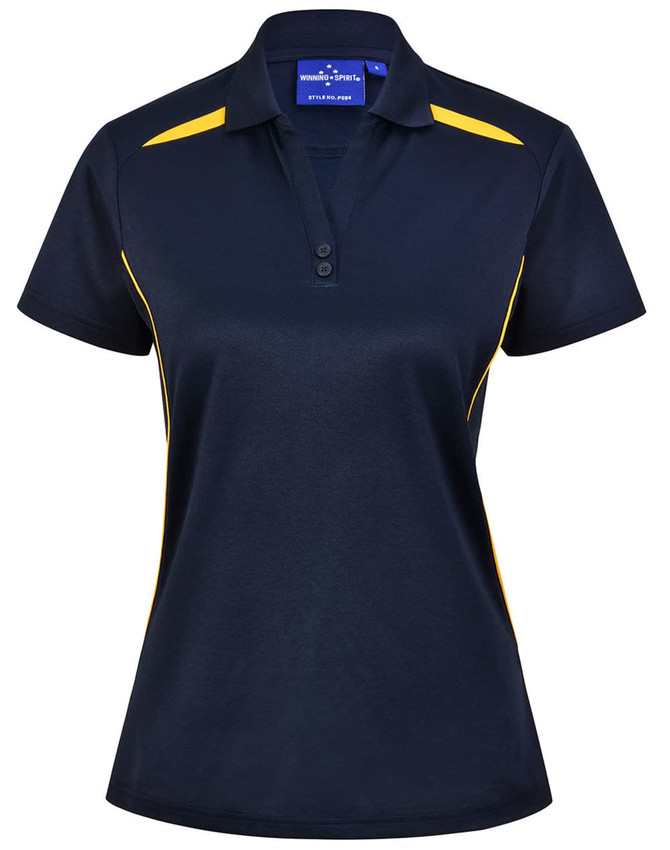 A navy blue polo shirt with yellow contrast detailing, featuring a collar and button placket. Includes a logo.