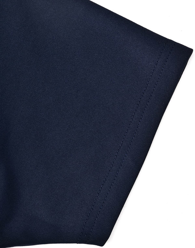 A close-up of a navy blue polo shirt sleeve featuring a smooth texture and stitching details.