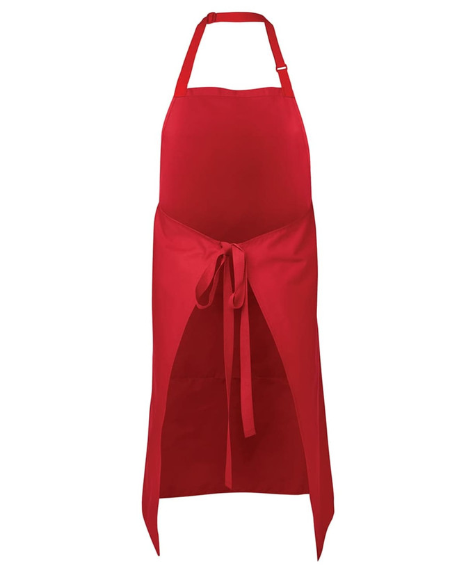 A red work apron featuring a tie closure and adjustable neck strap, with a logo displayed.