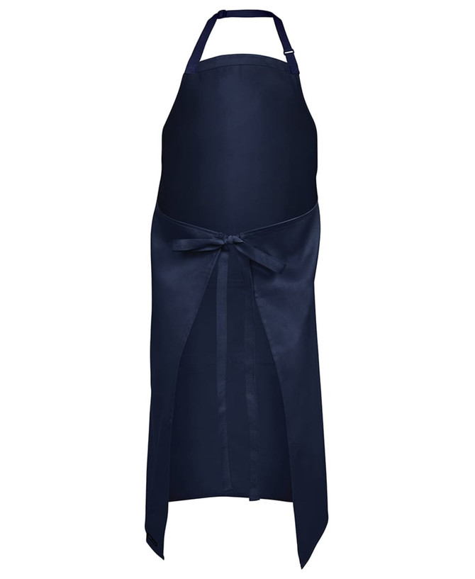 A navy blue apron featuring a tie at the waist and a neck strap. It has a simple design with a logo.