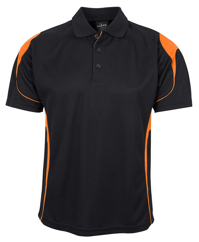 A black polo shirt with orange accents and a logo on the chest. It features a classic collar and three buttons.