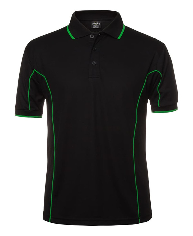 A black polo shirt featuring green piping and a collar, with a logo on the chest area.